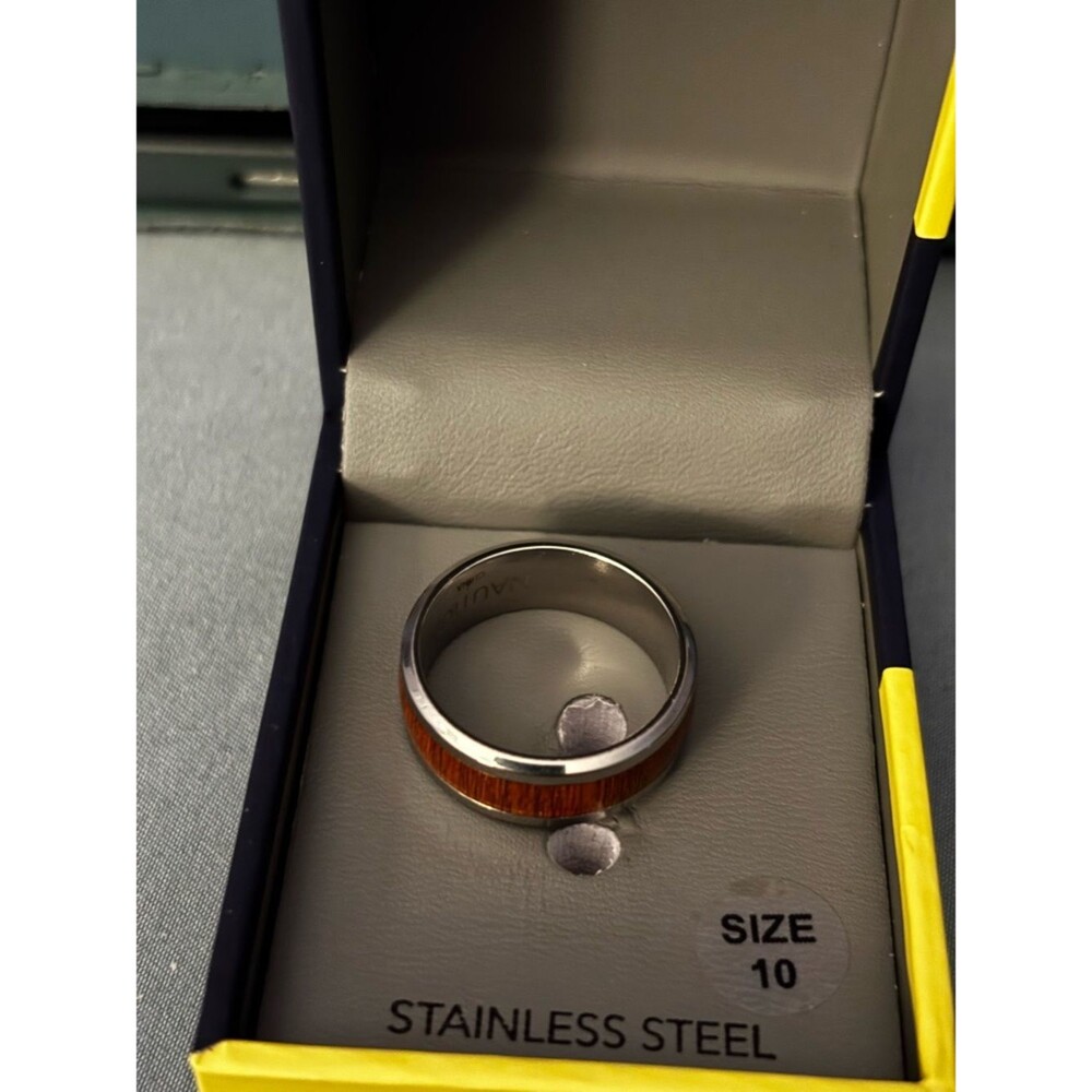 Nautica Stainless Steel Men's Ring with Brown Wood Inlay